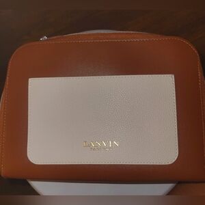 Lanvin Brown and Cream Leather Cosmetic Pouch with Gold Logo